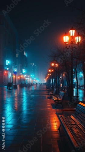 Urban street at night with glowing lamps and misty atmosphere  
