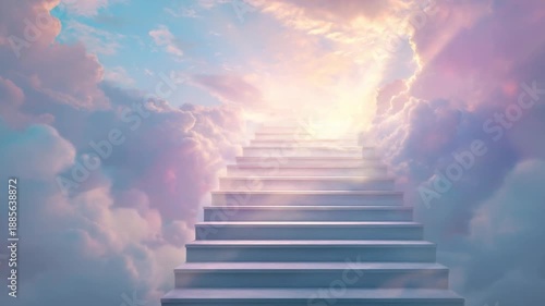 Ethereal staircase leading to bright clouds and glowing light  