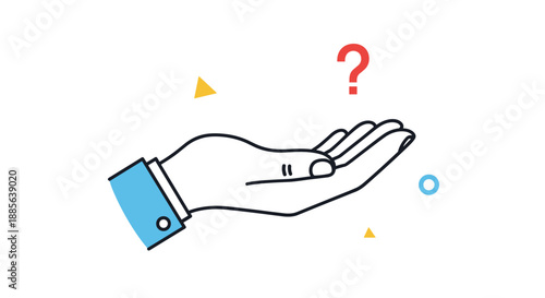 Concept of seeking answers or help featuring an open human hand with a floating red question mark on white background.