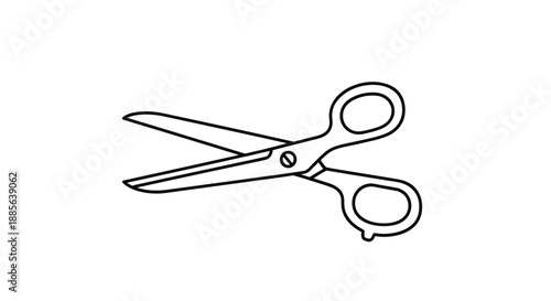 Minimalist black and white line art illustration of a pair of classic office or household scissors in a partially open position.