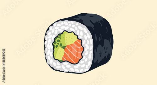 Fresh sushi roll or maki containing salmon, avocado, and cucumber wrapped in seaweed nori and white rice on light yellow background.