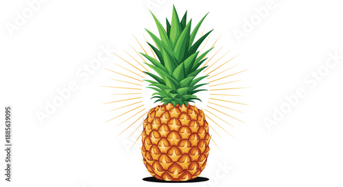 Ripe whole pineapple with lush green leaves on top and golden radiating lines representing tropical sun and freshness.