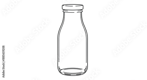 Simple black and white line drawing of a classic glass milk bottle with a lid is presented as a clean minimalist vector icon.