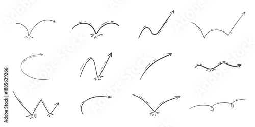 Bounce jump line, arrow. Squiggly comic trajectory movement. Set motion thin line free hand sketch drawing. Curve directions manga effect