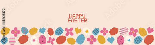 Retro pixel art style Happy Easter horizontal banner with colorful digital eggs hearts and spring flowers.