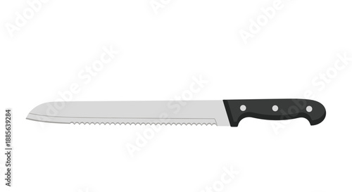 Long serrated bread knife with a black handle and silver blade is shown as a detailed vector illustration for kitchen and cooking themes.