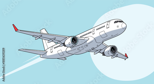 Large commercial white airplane is depicted flying through a clear blue sky with a faint circular graphic element in the background.