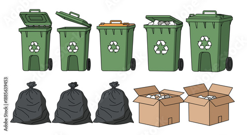Collection of waste management items including green recycling bins, black garbage bags, and brown cardboard boxes filled with trash.