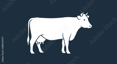 White silhouette of a cow is shown against a dark blue background in a simple and clean vector style suitable for farm and dairy themes.