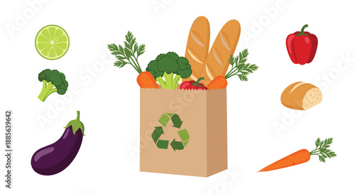 Brown paper grocery bag with a green recycling symbol is filled with fresh vegetables and bread loaves for a healthy shopping concept.