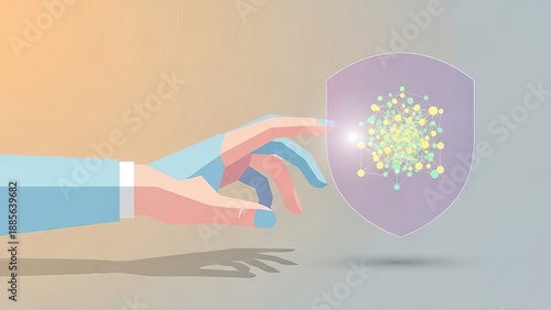 Hand holding glowing innovation shield with digital particles and pastel waves