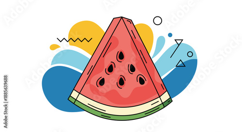 Sliced red watermelon with black seeds is featured on a colorful abstract background with geometric shapes and water splash icons.