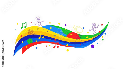 Vibrant illustration of dancing figures on wavy colorful lines with music notes on a white background in a lively and playful style.