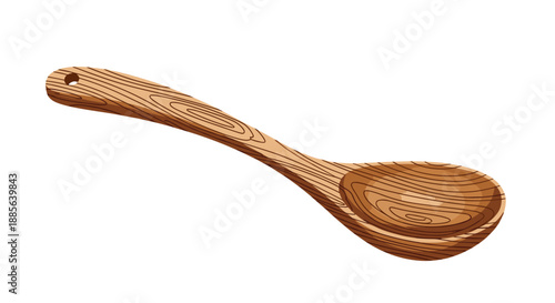 Traditional wooden kitchen spoon with a natural wood grain finish is depicted as a detailed vector illustration on a white background.