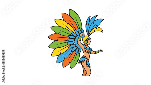 Illustration of a dancer wearing a colorful feathered costume with blue, green, yellow, orange and white feathers on a white background.