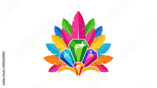 Vibrant, stylized illustration of a peacock with colorful feathers and a green gemstone on a plain white background.