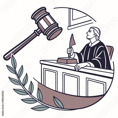 Judge banging gavel in courtroom with laurel leaves
