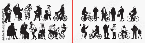 cycling silhouette illustrations, bicycle rider icons, hand drawn bike actions, black and white cycling art, sport activity silhouettes, outdoor cycling poses, bicycle icon set

