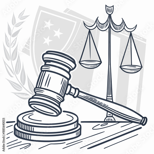 Gavel and scales of justice on wooden desk with shield and laurel background