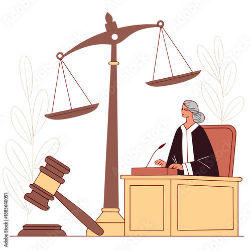 Judge sitting at desk with scales of justice and gavel