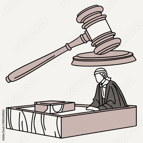 Judge sitting at desk with gavel above court judicial