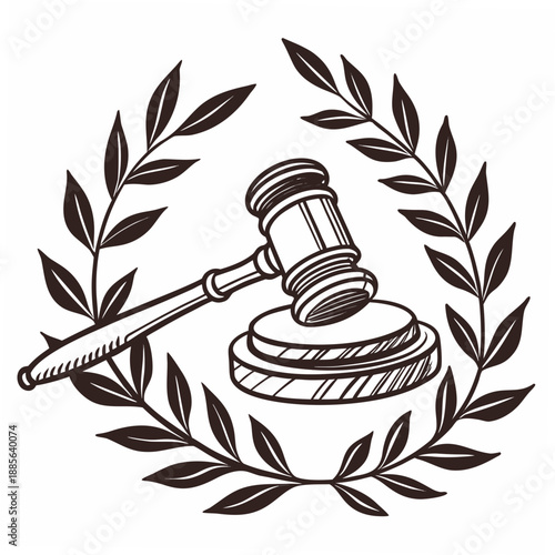 Brown gavel and sound block with laurel wreath