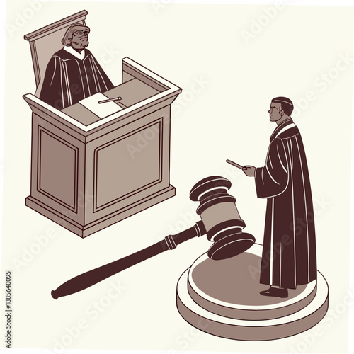 Judge and lawyer in courtroom with gavel on stand justice