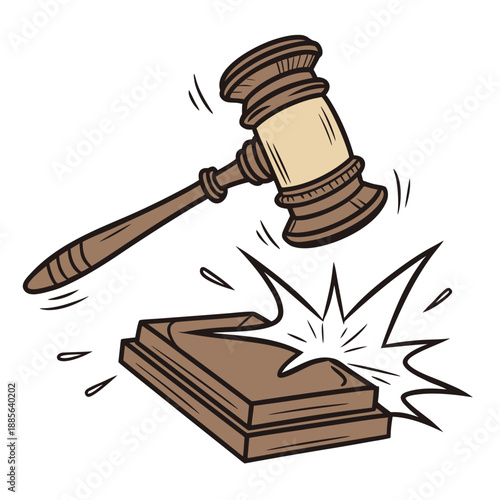 Wooden judge gavel striking sound block with motion lines