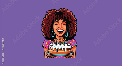Laughing woman holding birthday cake with candles vector illustration