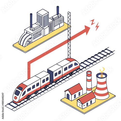 Isometric of train transporting energy from power plant to city