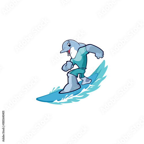 Cartoon dolphin surfing on a blue wave enjoying the ocean water sport.