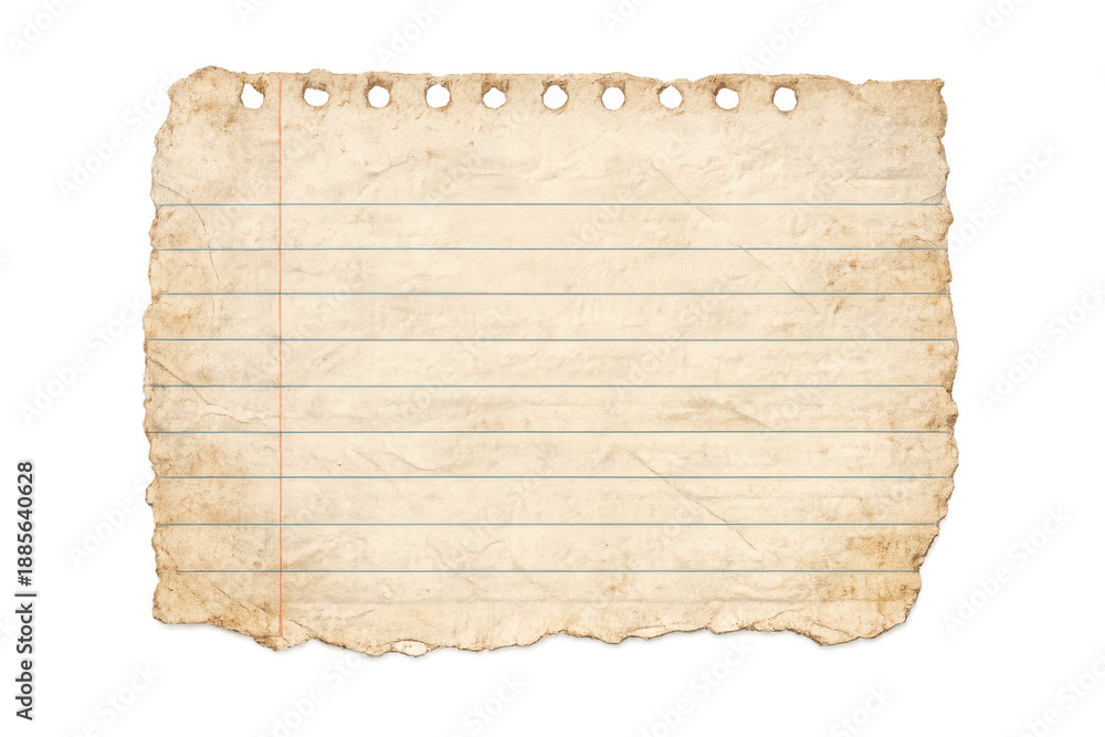 Fototapeta premium Old notebook paper with torn edges and grunge texture, blank vintage lined sheet with holes on transparent background
