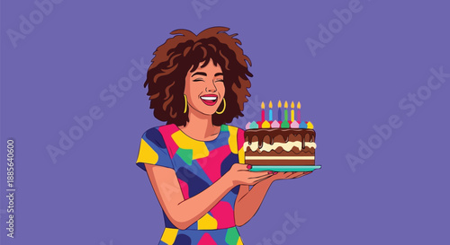 Laughing black woman holding chocolate birthday cake vector illustration