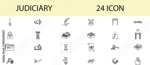 Legal Symbols Set: A comprehensive collection of 24 minimalistic line icons, representing various elements of the justice system and legal concepts. Perfect for illustrating legal documents, websites.