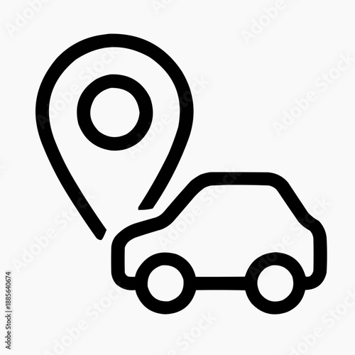 Line icon of a map pin and a small car — destination transport, black on white, square minimalist style