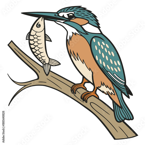 Kingfisher perched on branch with fish in beak bird
