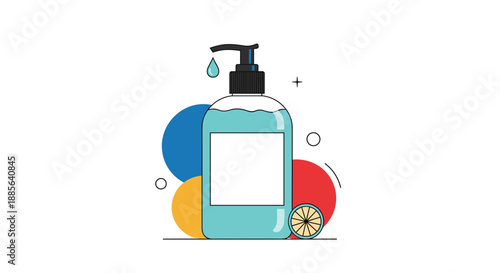 Liquid soap or lotion pump bottle illustration with blue gel and abstract colorful circles and a lime slice decoration.