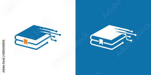 Modern digital book logo design blue and white color scheme simple and clean.