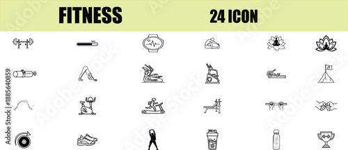 Fitness Icon Set: A comprehensive collection of 24 distinct fitness icons, each designed with clean lines and a modern aesthetic, representing various aspects of exercise and well-being.