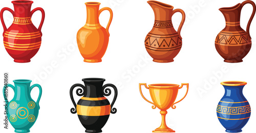 Ancient pottery vases and amphora collection with ceramic jugs, decorative urns and classical vessels isolated on white background for history design