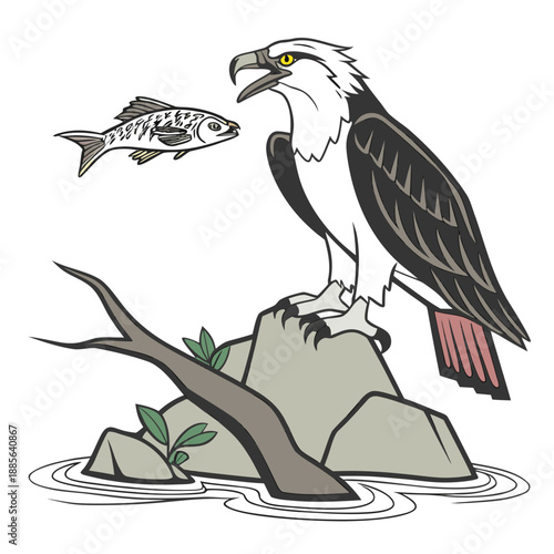 Osprey bird standing on rock with fish water