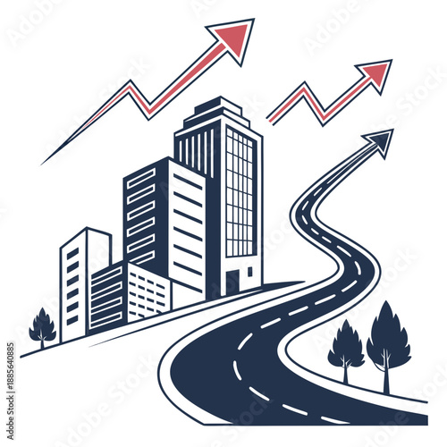 Cityscape with road and growing arrows buildings trees