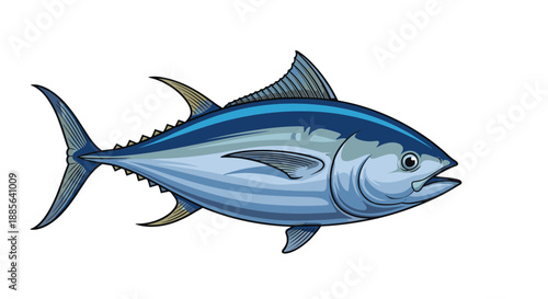 Detailed illustration of a large bluefin tuna fish swimming with realistic scales and fins shown in profile view on white.