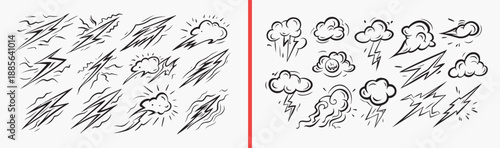 weather doodle icons, hand drawn cloud illustrations, black and white weather art, storm and lightning symbols, cute climate drawings, forecast icon set, weather illustration collection

