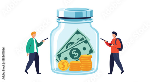 Two men managing savings by putting dollar bills and gold coins into a large glass money jar for financial planning purposes.