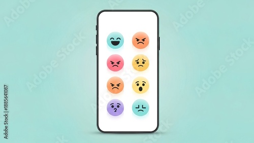 Colorful emoji faces on smartphone screen mockup isolated on blue