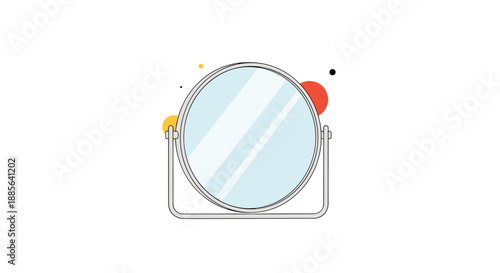 Round tabletop vanity mirror with a silver metal frame and a rotating stand over a white background with colorful dots.