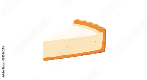 Slice of creamy New York style cheesecake with a golden graham cracker crust shown on a plain white background as a treat.