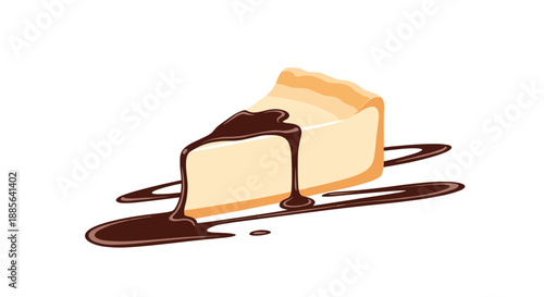 Delicious slice of cheesecake drizzled with rich dark chocolate syrup in an artistic swirl pattern on white background.