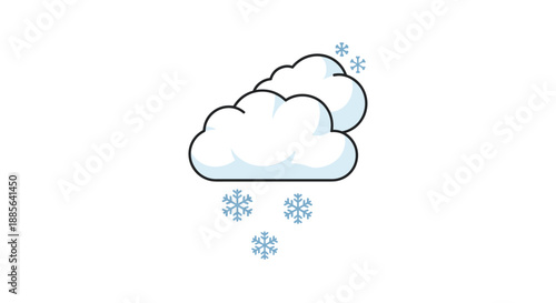 Simple white cloud icon with falling blue snowflakes depicting winter weather or a snowstorm on a plain white background.